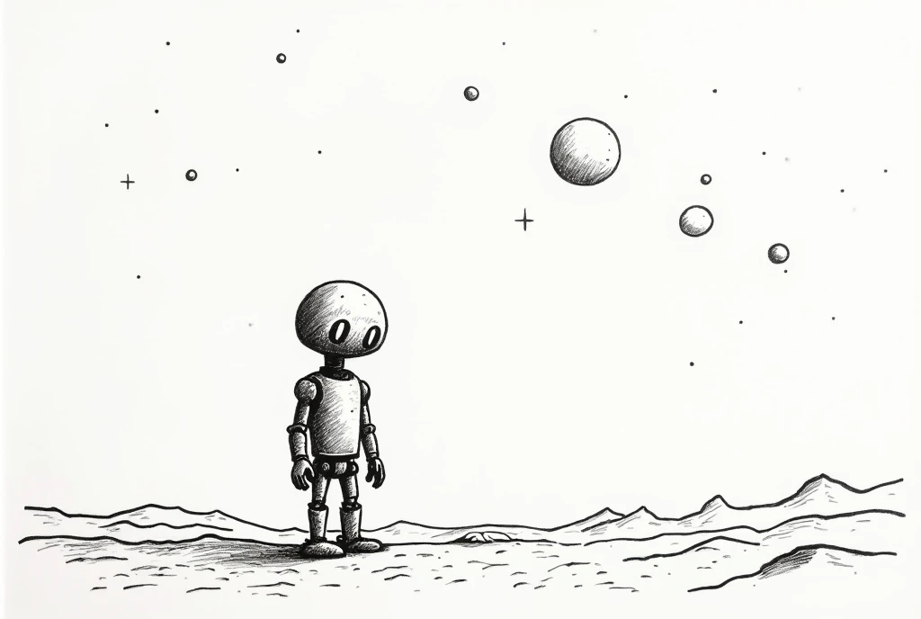 (((Picture drawn with a felt-tip pen ))),  a crappy picture that Henri Rousseau drew with a felt-tip pen。An impressive picture that is bad and good 。A cartoon-like robot 、Standing in the desert。The background is white outer space and planets 。 Extremely si...