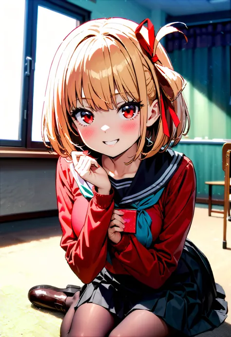 Nishiki Shiho , Nishiki Castle Senri,  short hair , bangs,Blonde,  red eyes,  Hair Ribbon ,  One Side Up,  bob cut,smile,blush, mouths,Black sailor suit, red cardigan , black mini pleated skirt ,rib tights ,  black pantyhose,Brown loafers,Give a heart-shap...