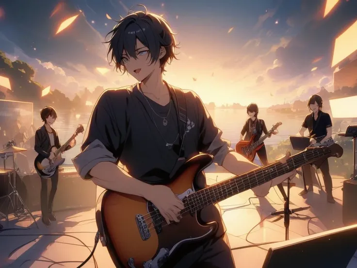   anime style、Ultra-fine,    high detail,    Masterpiece,  A Japanese male band in his late 30s or so playing、The member composition is 、1 vocalist、 1 electric guitar 、 1 electric bass 、 1 drums 、 1 keyboard member 、 5 person composition 、 vocals have only...