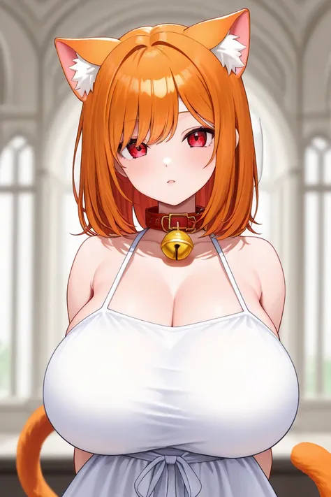  Orange Hair、 bob hair、 red eyes、orange cat ears、Collar with bells、 cat tail、 huge breasts 、 white dress by T2K9