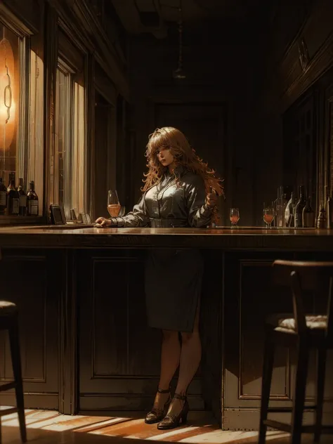 A female bartender in an elegant gentlemen’s club, with highly detailed eyes, lips, face and hair. She is wearing a bartender uniform and is standing behind a fancy bar counter. The setting is a lounge with soft lighting, a neon sign and moody lighting. Th...