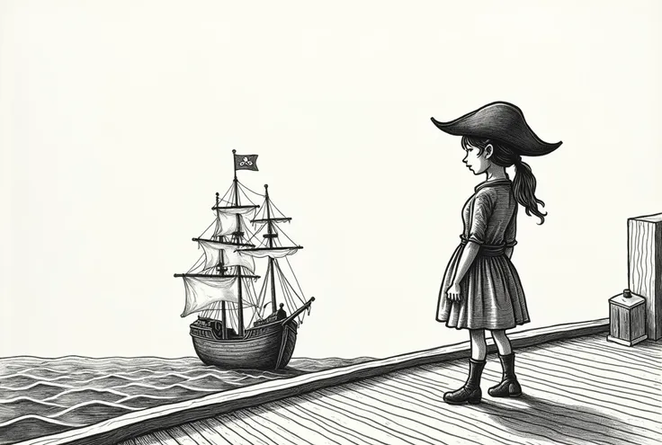 (((Picture drawn with a felt-tip pen ))),  a crappy picture that Henri Rousseau drew with a felt-tip pen。An impressive picture that is bad and good 。A cartoon-like female pirate is standing on the deck of a 、 pirate ship。The background is the vast ocean。 E...