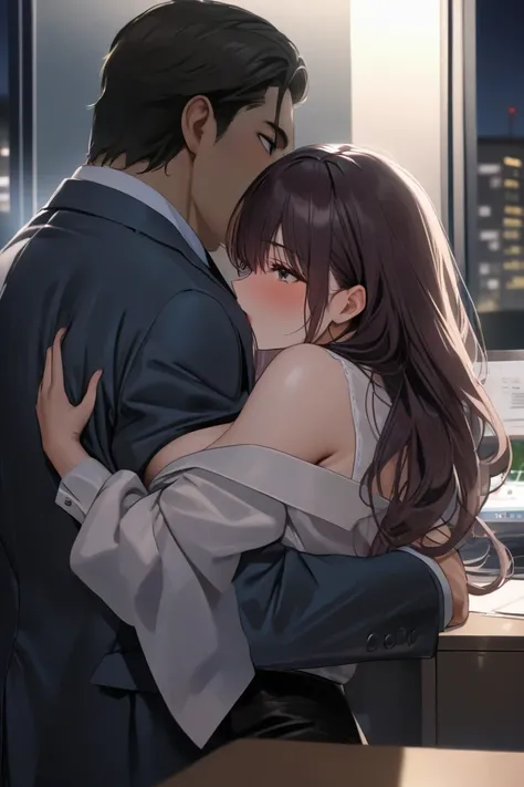 top quality, masterpiece,  high resolution, 8k, 1 girl 1 boy  , The right move, (((bust shot))),  maroon droopy , ((( semi-long dark hair ))), Busty Wife, ((( business suit hug each other))), deep kiss,  night office, An office without people