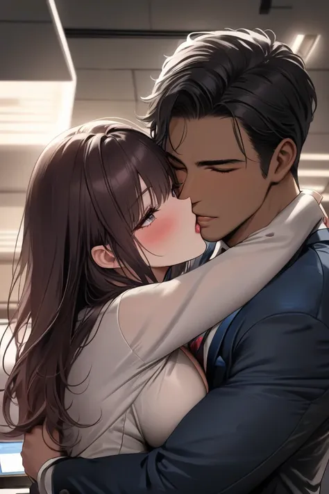 top quality, masterpiece,  high resolution, 8k, 1 girl 1 boy  , The right move, (((bust shot))),  maroon droopy , ((( semi-long dark hair ))), Busty Wife, ((( business suit hug each other))), deep kiss,  night office, An office without people