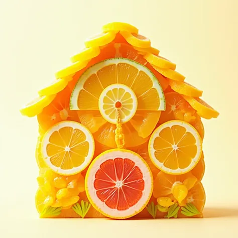 "A refreshing and vibrant house made entirely of citrus fruits with a plain background. The walls are constructed from stacked orange and lemon slices, creating a bright and cheerful mosaic. The roof is made of lime wedges arranged in overlapping layers, a...