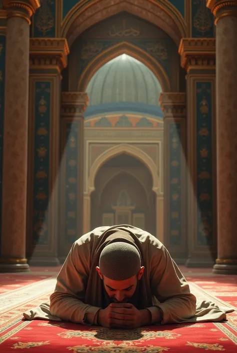 A Muslim man with his head covered prays with his forehead against the ground in a beautiful and colorful Mosque 
