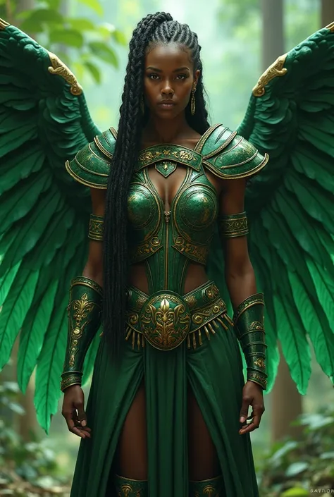 Generate a realistic image of a braided negro woman with green armor and green wings