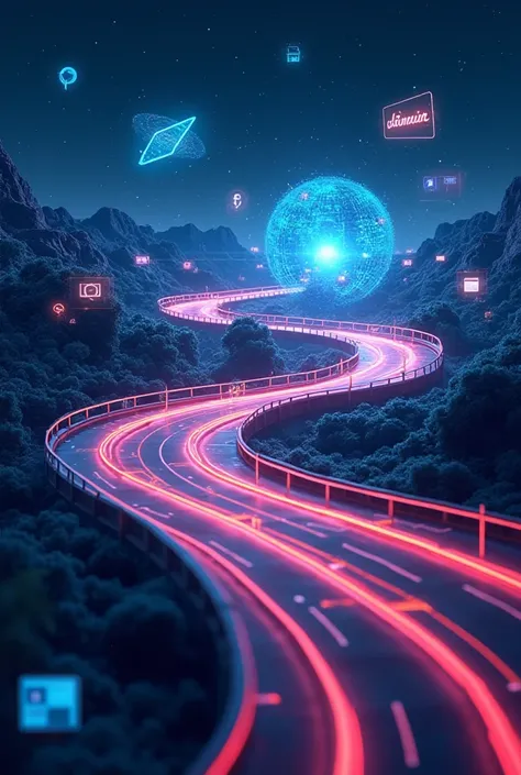 Create a visually stunning and futuristic image that depicts the evolution of digital marketing as a dynamic timeline blended with the progression of technology. Imagine a glowing digital highway winding through iconic eras, starting from the 1990s and str...