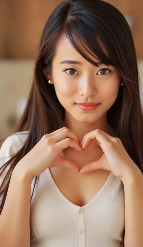  Super Fine、An upshot of her face、She smiles, wears a camisole, and poses with her hands in the shape of a heart in front of her chest、The background is plain、  high definition、細部にわたって high definition