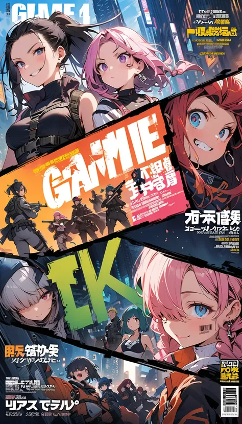 (4 split screen ,created on page 4 ,game),( girl : 1.3), girls ,( black competitive swimsuit, turtleneck,White leggings,headband, earrings,belt,Harness,Long gloves, boots,Assault rifle),Blonde, black hair, tea hair, Silver Hair, red hair,Blue Hair,Green Ha...