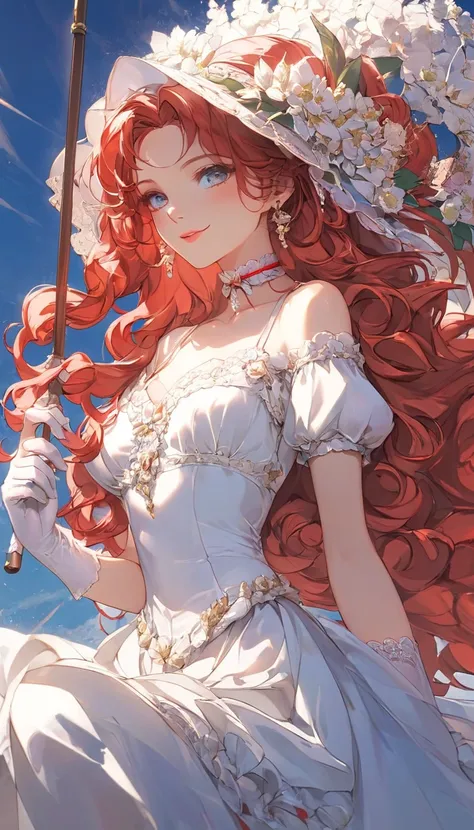 A frilly lace-covered dress, detailed with bows and ruffles, lace stockings, Victorian-style boots, ribbon choker, lace gloves, small parasol, big curly hair in ringlets, 1girl, beautiful detailed eyes, beautiful detailed lips, extremely detailed face and ...