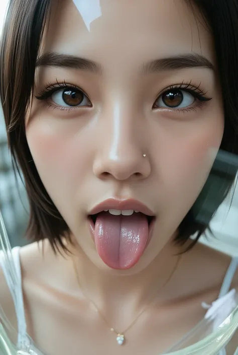    women are surrounded by glass、licking    Viewer,   1 girl,lip,(saliva), Staring  _in_   Viewer,,tongue_outside,flap,length_tongue,thick lips,   drool ,    fisheye lenses  ,close-up, show me my nostrils , highlight my nostrils  ,