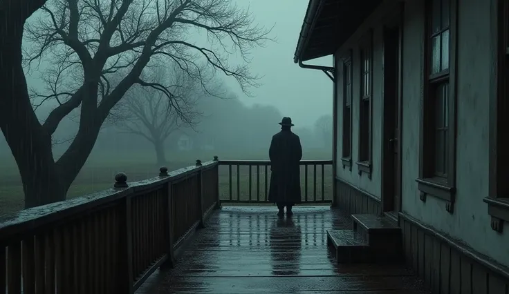  porch of a typical house of the last century,  melancholic mood ,  rainy weather