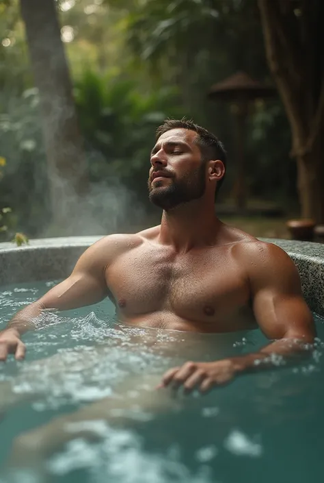 Naked man without clothes in hot tub , strong 