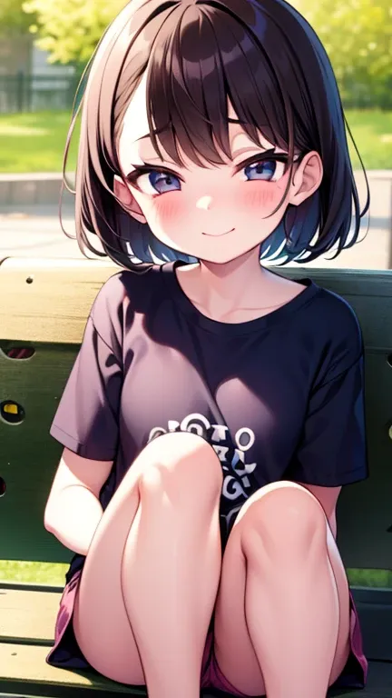 １ bashful girl　 elementary school students　 short　 sitting on a park bench 　Short Hand　 Small Hands　Small feet　 thin legs 　Short legs　Big face　Narrow shoulders　 　 bright brown hair 　 short hair 　 big eyed 　Very big eyes　Shiny Eyes　 ecstatic eyes 　Very larg...