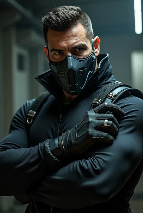 Masculine male wearing a mask and gloves 