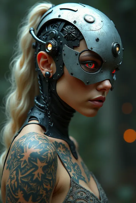 A blonde haired tattoed 30 years old viking girl. Robotuc parts. Cyborg head, face focused