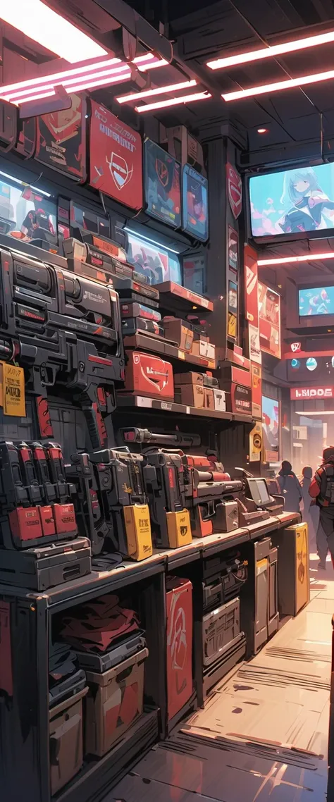 Assault guns on display,arsenal,shop, cyberpunk