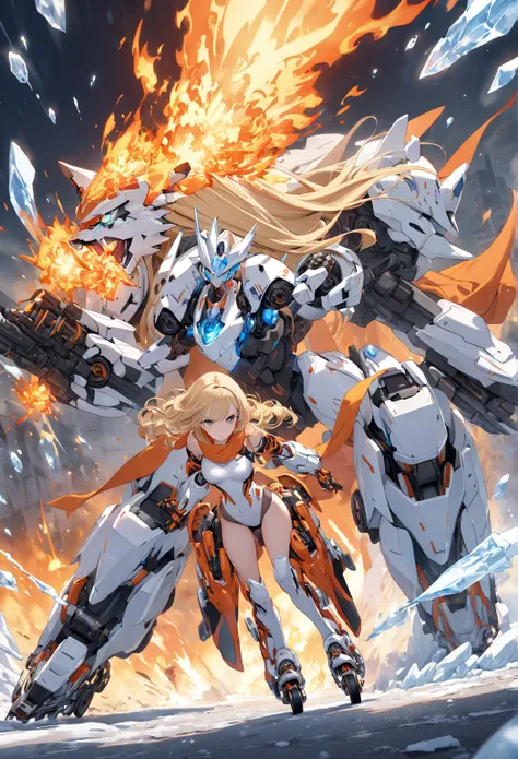 A mechanical girl, Beautiful, cute and sexy. She has blonde long hair and there is a flame at the ends of the hair, gray eyes, Orange scarf with flame, white mechanical armor and orange trim, She has symmetrical mecha armor, battle scene, her was a flame k...