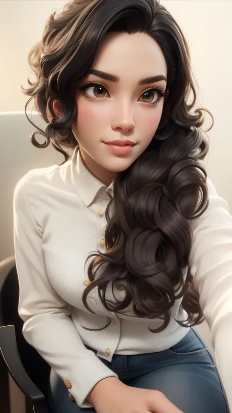 arafed woman with long hair sitting in a chair with a white shirt, white curly hair, curly long hair, with long curly hair, long curly hair, long dark curly hair, with long curly, long messy curly hair, curly white hair, selfie of a young woman, profile im...