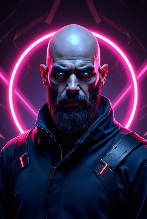 I want to create logo for my channel for bald bearded man in the theme of synthwave and mass effect