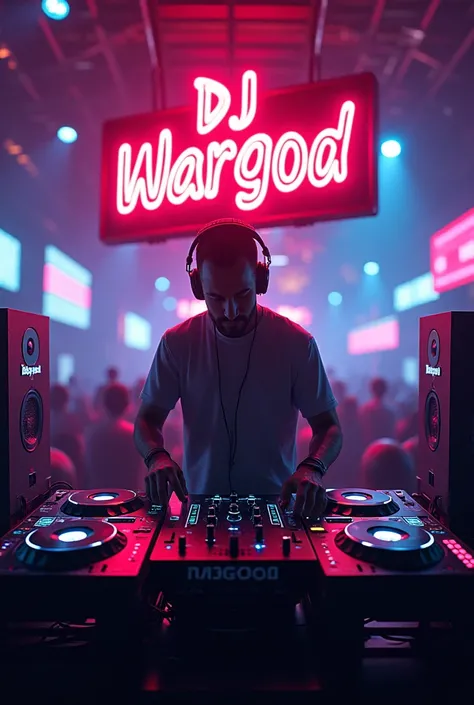 Create super-realistic, super-detailed, 128K, 3D image with enhanced colors and details, a dj playing on his dj bord  lots neon light around, and sign that say "DJ ROBS" in wargod style. full view 