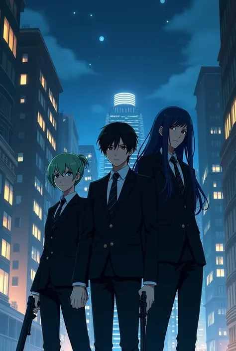 Exquisite striped anime image. There are 3 people in the city background picture at night, mother light from the 1st building, a woman with light green hair, blue eyes, a 2nd person, a black haired man with black eyes, a 3rd person, long hair, blue, gray e...