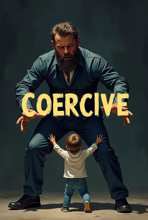 "An intense illustration depicting the concept of 'coercive,' showing a dominant individual forcefully intimidating a smaller, submissive person. The word 'COERCIVE' is prominently displayed in bold, uppercase letters across the image, ensuring the meaning...