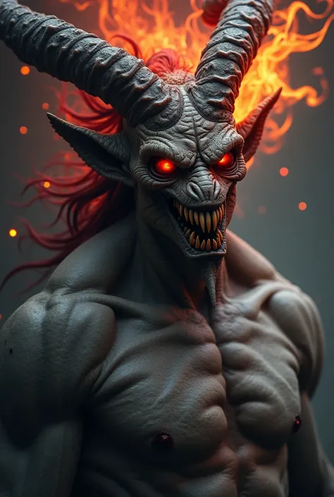  Create a demon with a humanoid shape ,  red reptile pupils and the rest of the black eye ,  clenched teeth and long canines all over the teeth ,  flames on the head and goat horns that follow the head , muscular but not excessive , mesomorfo,  with gray s...