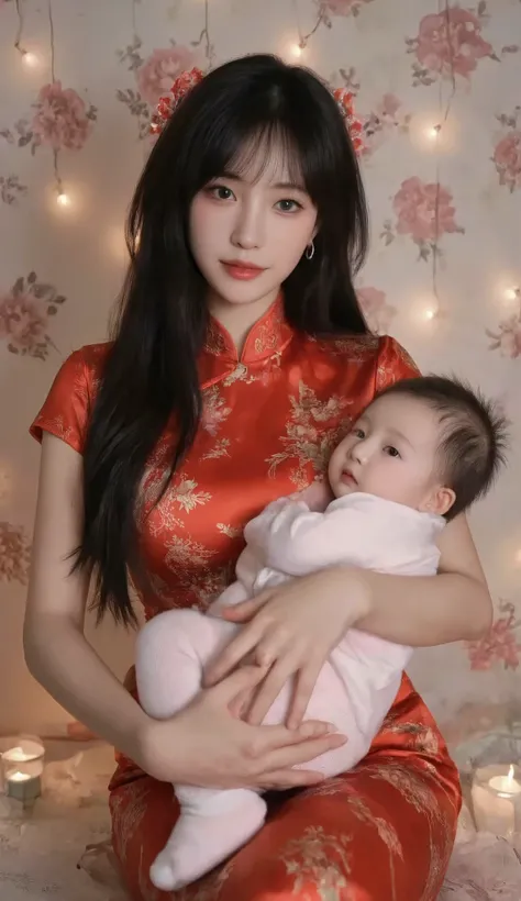  red cheongsam， long black hair ， delicate skin ，Kaziran's eyes， Ultra HD， s's t light ，D cup breasts，Holding a one-year-old baby girl，red flower headdress