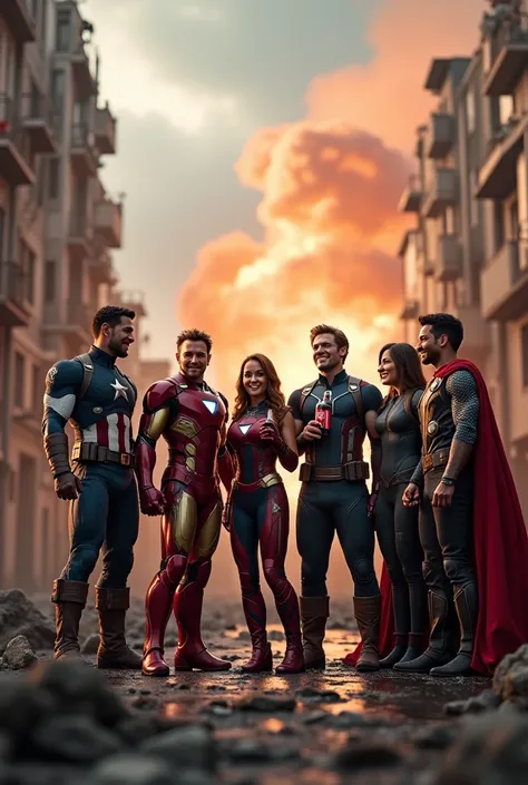 Photo of six Avengers meminum Coca-Cola Botol,  atmosphere of destroyed urban buildings, face looks cheerful ,full of familiarity, aesthetically pleasing catastrophic explosion background