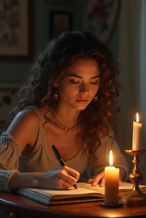 Imagine a curly woman with pale complexion in her early twenties, writing down a journal with a fancy candle as her source of light.