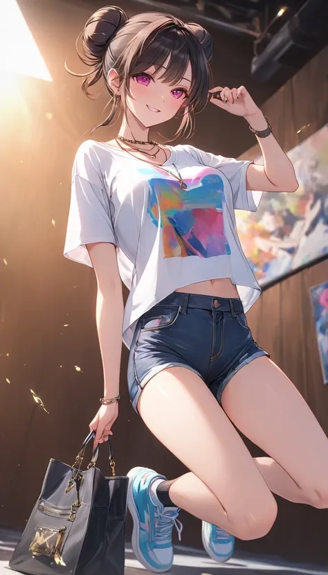 a loose oversized graphic t-shirt,high-waisted denim shorts,platform sneakers,chain necklace, tote bag,messy bun,best quality,4k,8k,highres,masterpiece:1.2,ultra-detailed,HDR,UHD,studio lighting,ultra-fine painting,sharp focus,physically-based rendering,ex...