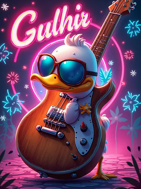 cute Rainbow duck sunglasses with regent hair
rockabilly poster big woodbase guitar傑作,  wins numerous awards,  glitter effect, backlit,  anime style,  American style promotional poster,   rockabilly riders jacket with dazzling neon tube letters good mornin...