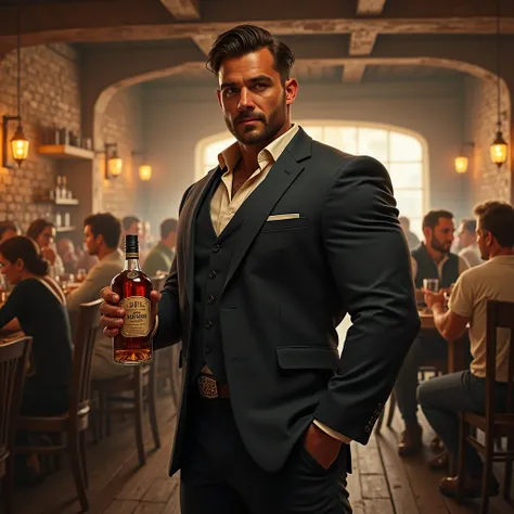 Well-dressed muscular young man with a bottle of rum in his hand in a tavern with people