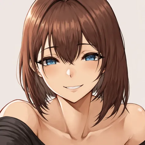  masterpiece,  best quality,  high resolution , up to date,  very aesthetic ,  amazing quality, high resolution ,sensitive，1 Girl, blue eyes,  Unique ,   Bare Shoulder ,  brown hair ,  hair between eyebrows,  short hair,  Smile,   looking at the viewer, pl...