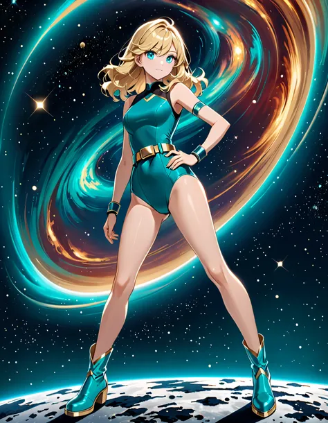 Beautiful and blond, teal blue eyes, sleeveless, teal blue leotard with black top, high-waisted gold belt, bare legs, matching wrist bands, hand on hip, teal blue ankle boots, space background