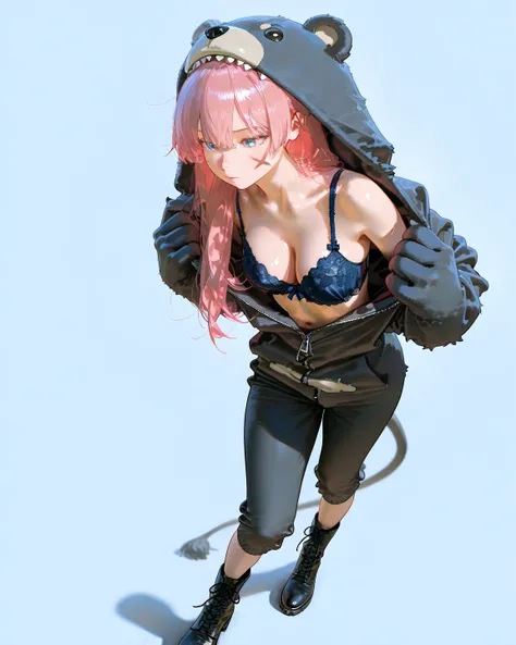 masterpiece、 best quality   、 high detail、    very aesthetic,                  absurd,  up to date,         Women&#39;s 1、Alone、     pink hair with a scar、    long hair、   blue eyes、navy blue bear costume  、  Open Chest Costume 、Navy Bra、   black boots、、 p...