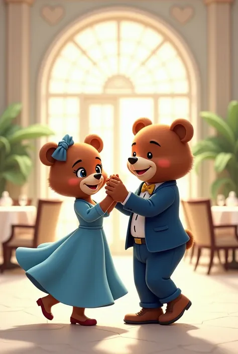 Cartoon bears mom in a blue dress and dad in a blue suit are dancing in a luxurious restaurant with a white interior