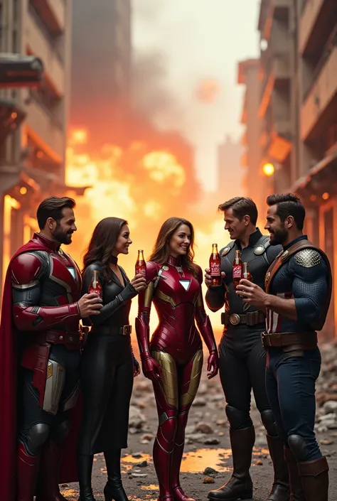 Photo of six Avengers meminum Coca-Cola Botol,  atmosphere of destroyed urban buildings, face looks cheerful ,full of familiarity, aesthetically pleasing catastrophic explosion background