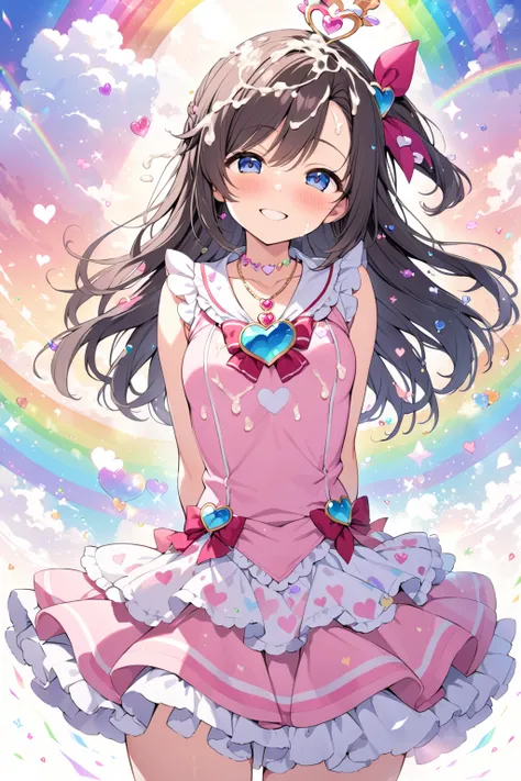 necklace, magical girl, rainbow, hearts, happy,arms behind back,masterpiece,smile.shimamura uzuki,cum on clothes.cum on hair.1 girl.