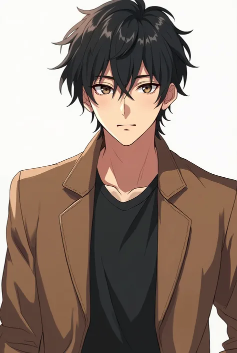 a drawing of a man with a brown jacket and black shirt, a character portrait inspired by Bian Shoumin, pixiv contest winner, shin hanga, in an anime style, made with anime painter studio, anime portrait of a handsome man, a handsome man，black short hair, w...