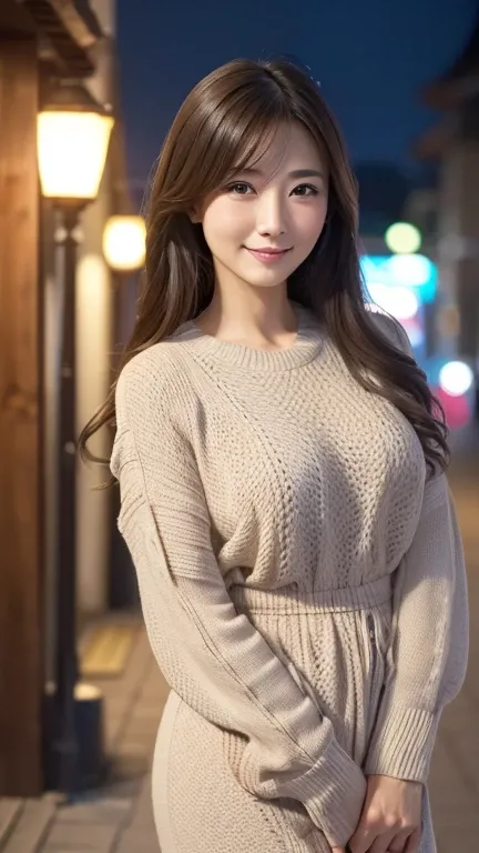 (( best quality)), ((8k)), ((masterpiece: 1.3)), (Perfect Look), ( Photorealism : 1.6), (JMA), (Ain), ( Japanese mature ), （I'm wearing a colored knit dress),One mature woman,wife,Night Street Lights , best quality,masterpiece, extremely delicate and beaut...