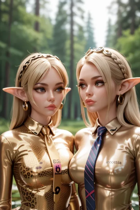 2 women , in extremely tight-fitting ,    shiny gold latex polo shirt,  Is in the forest ,  two sides up ,    blonde hair   ,   reflection  ,    reflecting light  ,     high resolution ,    masterpiece  ,  Long eyelashes,   long fingernails  ,   thin eyebr...