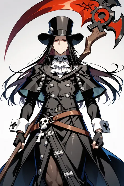 masterpiece, best quality, 8k, high resolution, 1boy, male, Testament Guilty Gear, Black greatcoat, top hat, scythe, ultra-detailed, intricate details 