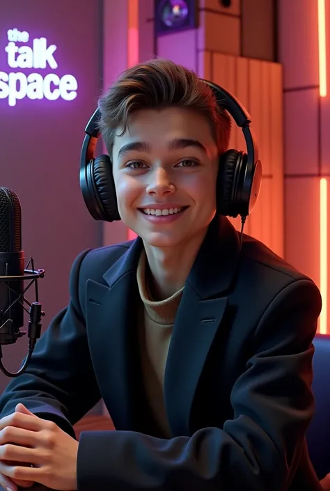 A close-up shot of a young boy  sitting at a modern podcast desk with a professional microphone and headphones. She is wearing a black pant coat exuding elegance and confidence. His face is directed toward the camera with a warm smile, as if welcoming view...