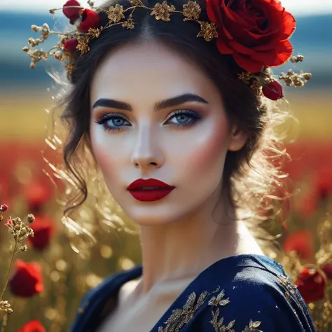 Beautiful European women's face, with a perfect face, dark makeup, red lipstick, beauty of beauty, shadow style [mixing ancient and dreamy elements, integration of images, flower fields. The overall color scheme is dominated by golden sparks, blue -white, ...