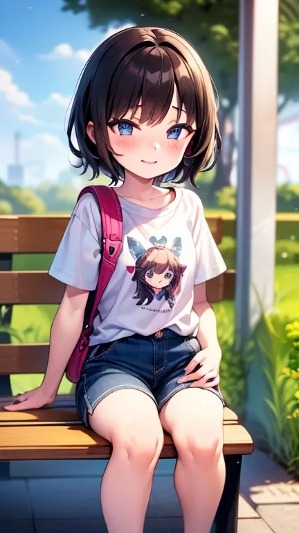 １ bashful girl　 elementary school students　 short　Standing in front of a park bench　Short Hand　 Small Hands　Small feet　 thin legs 　Short legs　Big face　Narrow shoulders　 　 bright brown hair 　 short hair 　 big eyed 　Very big eyes　Shiny Eyes　 ecstatic eyes 　V...