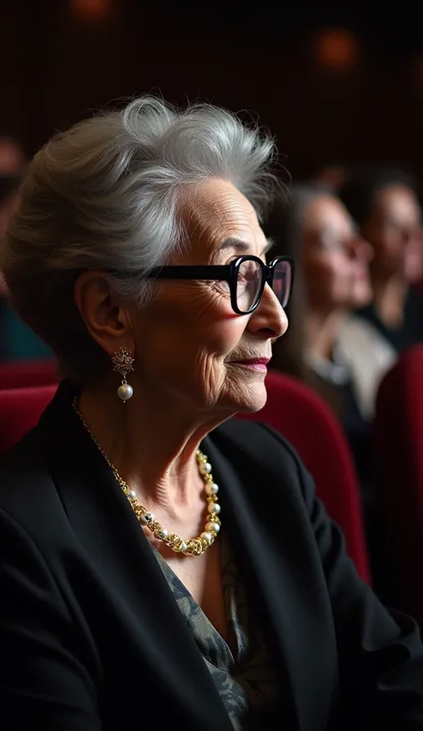 A realistic photograph of an elderly woman captured in profile, set in a dark environment such as a theater or auditorium. She is wearing large black-framed glasses, gold earrings with dangling pearls, and a double necklace featuring white pearls and gold ...