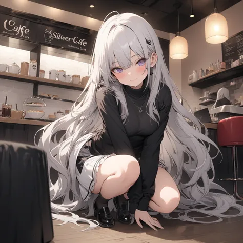 masterpiece,  best quality,Beautiful silver hair, long hair, Very Long Hair の毛, maid cafe,smile, Closed Mouth,, full body, fluffy black sweater,White short skirt, Very Long Hair ,  face where underwear is visible, standing,Crouching